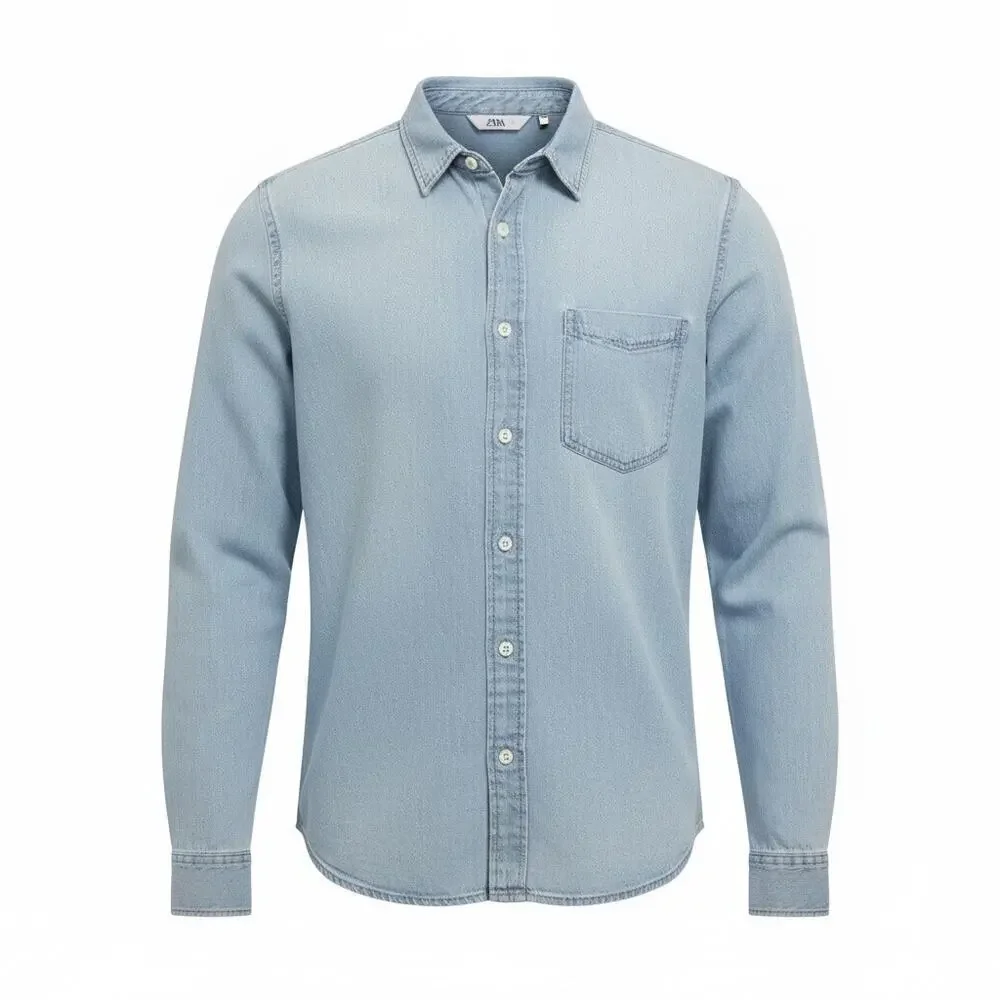 Zara Denim Button Up Long Sleeve Shirt Men Large Light Blue Cotton Casual Preppy